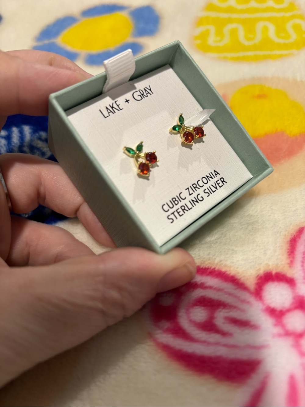 Gold Plated Cherry Stud Earrings with Red and Green Cubic Zirconia
